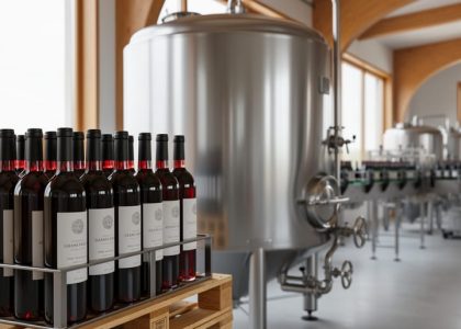 Stainless-steel fermentation tank and rows of commercial wine bottles in a modern winery under soft light.