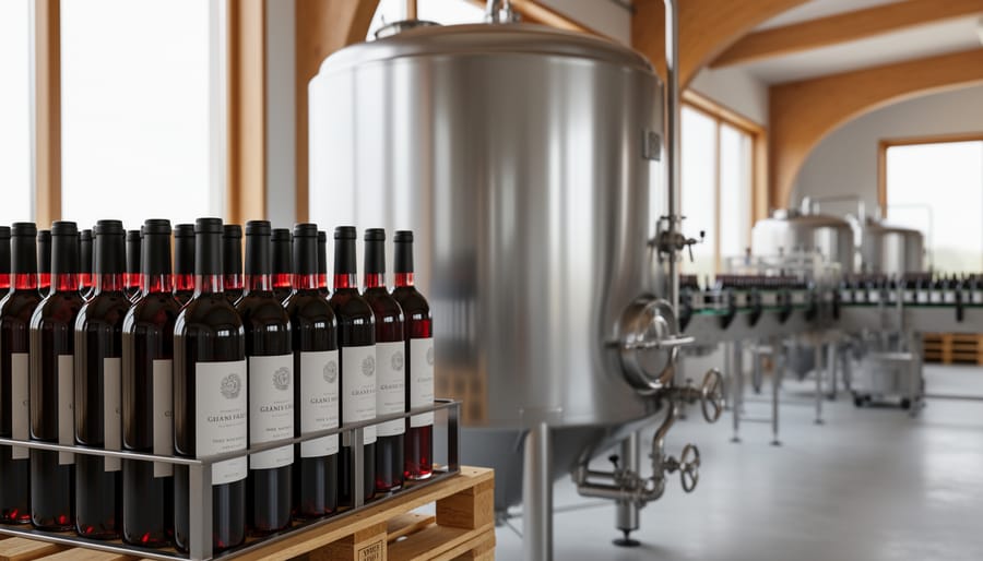Stainless-steel fermentation tank and rows of commercial wine bottles in a modern winery under soft light.